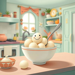 In a whimsical fairy tale kitchen adorned with soft macaron color tones, a spoon featuring a cheerful smiley face is playfully situated inside a bowl filled with yuanxiao (glutinous rice balls)