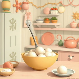 In a whimsical fairy tale kitchen adorned with soft macaron color tones, a spoon featuring a cheerful smiley face is playfully situated inside a bowl filled with yuanxiao (glutinous rice balls)