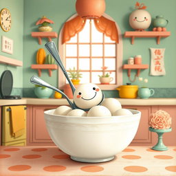 In a whimsical fairy tale kitchen adorned with soft macaron color tones, a spoon featuring a cheerful smiley face is playfully situated inside a bowl filled with yuanxiao (glutinous rice balls)
