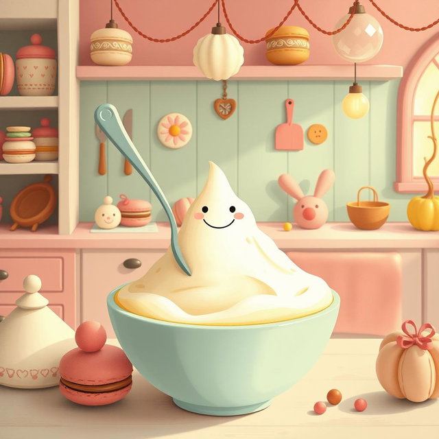 In a whimsical fairy tale kitchen adorned with soft macaron color tones, a spoon featuring a cheerful smiley face is playfully situated inside a bowl filled with a mountain made of yogurt