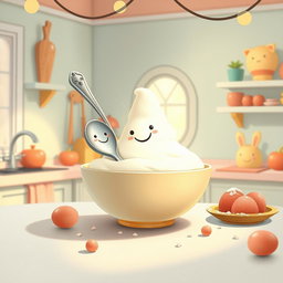 In a whimsical fairy tale kitchen adorned with soft macaron color tones, a spoon featuring a cheerful smiley face is playfully situated inside a bowl filled with a mountain made of yogurt