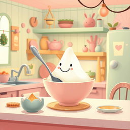 In a whimsical fairy tale kitchen adorned with soft macaron color tones, a spoon featuring a cheerful smiley face is playfully situated inside a bowl filled with a mountain made of yogurt
