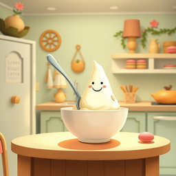 In a whimsical fairy tale kitchen adorned with soft macaron color tones, a spoon featuring a cheerful smiley face is playfully situated inside a bowl filled with a mountain made of yogurt