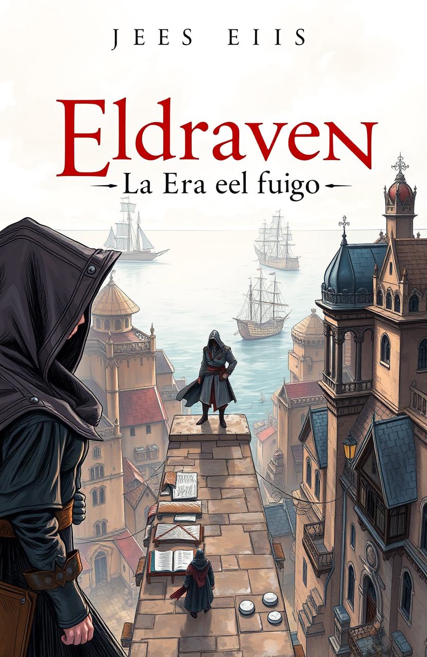 A book cover illustration in the drawing style of "Arcane" featuring a captivating city inspired by "Game of Thrones"