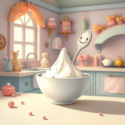 In a whimsical fairy tale kitchen filled with soft macaron color tones, a spoon with a cheerful smiley face on its handle is cleverly positioned inside a bowl