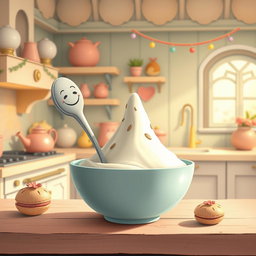 In a whimsical fairy tale kitchen filled with soft macaron color tones, a spoon with a cheerful smiley face on its handle is cleverly positioned inside a bowl