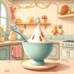 In a whimsical fairy tale kitchen filled with soft macaron color tones, a spoon with a cheerful smiley face on its handle is cleverly positioned inside a bowl