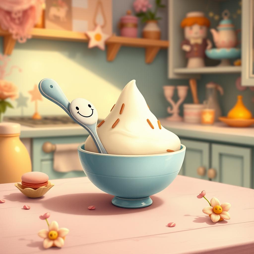 In a whimsical fairy tale kitchen filled with soft macaron color tones, a spoon with a cheerful smiley face on its handle is cleverly positioned inside a bowl