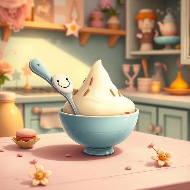 In a whimsical fairy tale kitchen filled with soft macaron color tones, a spoon with a cheerful smiley face on its handle is cleverly positioned inside a bowl