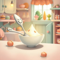 In a whimsical fairy tale kitchen filled with soft macaron color tones, a spoon with a cheerful smiley face on its handle is playfully resting inside a bowl