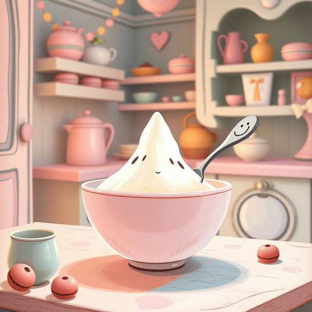 In a whimsical fairy tale kitchen filled with soft macaron color tones, a spoon with a cheerful smiley face on its handle is playfully resting inside a bowl
