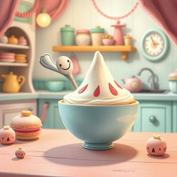 In a whimsical fairy tale kitchen filled with soft macaron color tones, a spoon with a cheerful smiley face on its handle is playfully resting inside a bowl