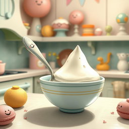 In a whimsical fairy tale kitchen filled with soft macaron color tones, a spoon with a cheerful smiley face on its handle is playfully resting inside a bowl