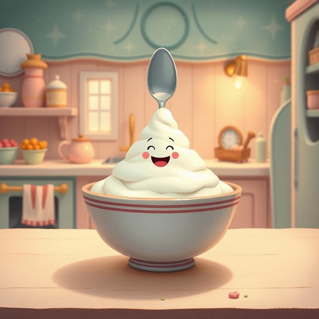 In a whimsical fairy tale kitchen featuring soft macaron color tones, a small spoon character with a smiling face joyfully sits inside a bowl