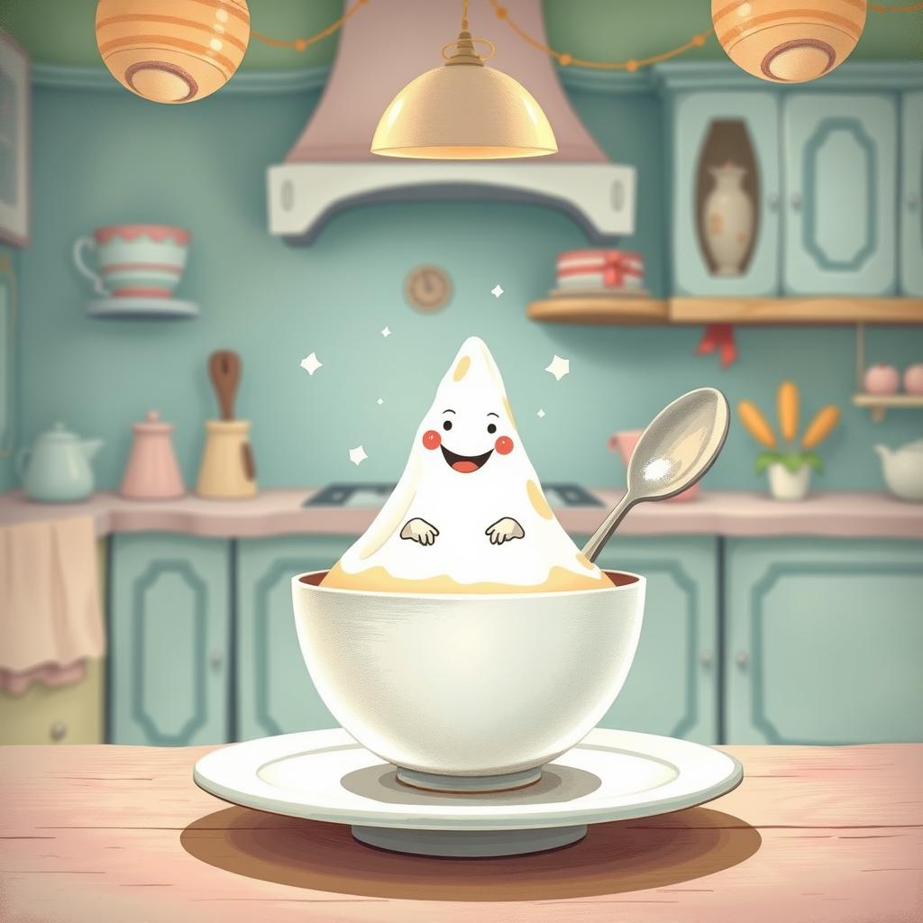 In a whimsical fairy tale kitchen featuring soft macaron color tones, a small spoon character with a smiling face joyfully sits inside a bowl