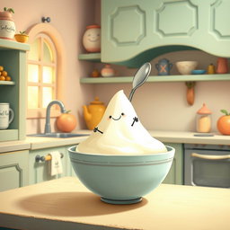 In a whimsical fairy tale kitchen featuring soft macaron color tones, a small spoon character with a smiling face joyfully sits inside a bowl