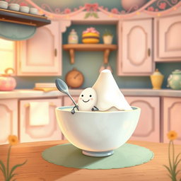 In a whimsical fairy tale kitchen featuring soft macaron color tones, a small spoon character with a smiling face joyfully sits inside a bowl
