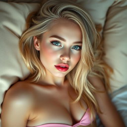 A sexy innocent blonde young woman lying in a beautifully styled bedroom, wearing only tiny pink bikini underwear