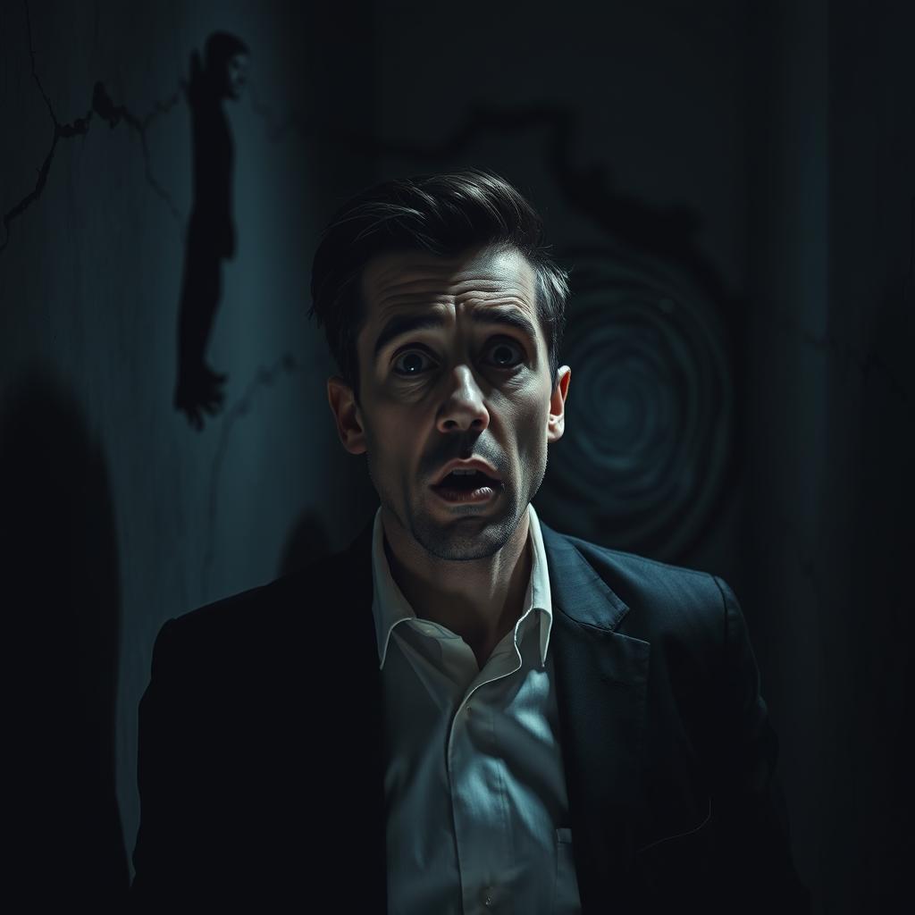 A psychological thriller scene depicting a well-dressed man awakening in a dimly lit, eerie room filled with shadows