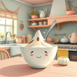 In a whimsical fairy tale kitchen filled with soft macaron color tones, a smiling spoon is playfully inserted into a bowl