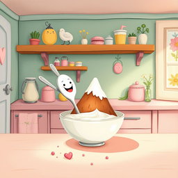 In a whimsical fairy tale kitchen filled with soft macaron color tones, a smiling spoon is playfully inserted into a bowl