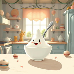 In a whimsical fairy tale kitchen filled with soft macaron color tones, a smiling spoon is playfully inserted into a bowl