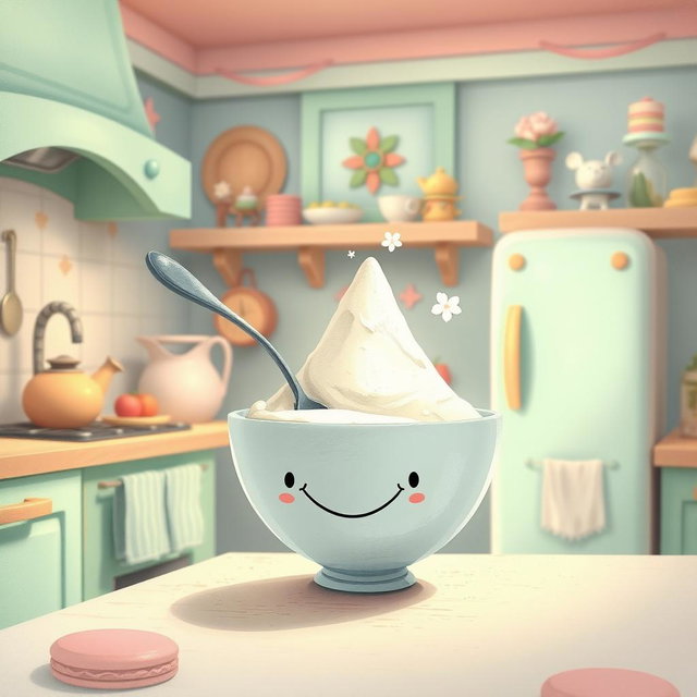 In a whimsical fairy tale kitchen filled with soft macaron color tones, a smiling spoon is playfully inserted into a bowl