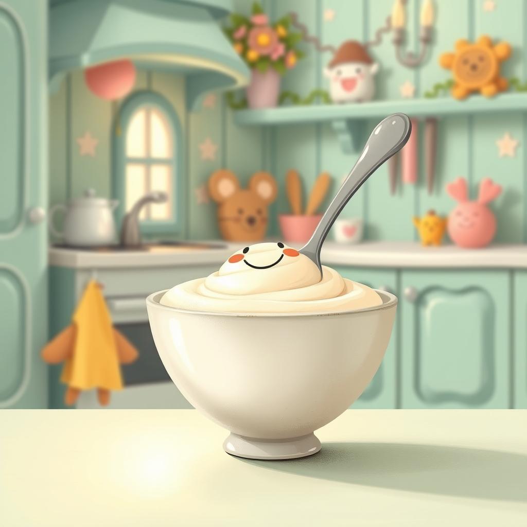 In a whimsical fairy tale kitchen adorned with soft macaron color tones, a spoon featuring a cheerful smiley face is playfully situated inside a bowl
