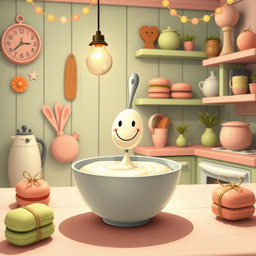 In a whimsical fairy tale kitchen adorned with soft macaron color tones, a spoon featuring a cheerful smiley face is playfully situated inside a bowl