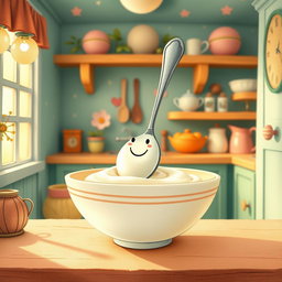 In a whimsical fairy tale kitchen adorned with soft macaron color tones, a spoon featuring a cheerful smiley face is playfully situated inside a bowl