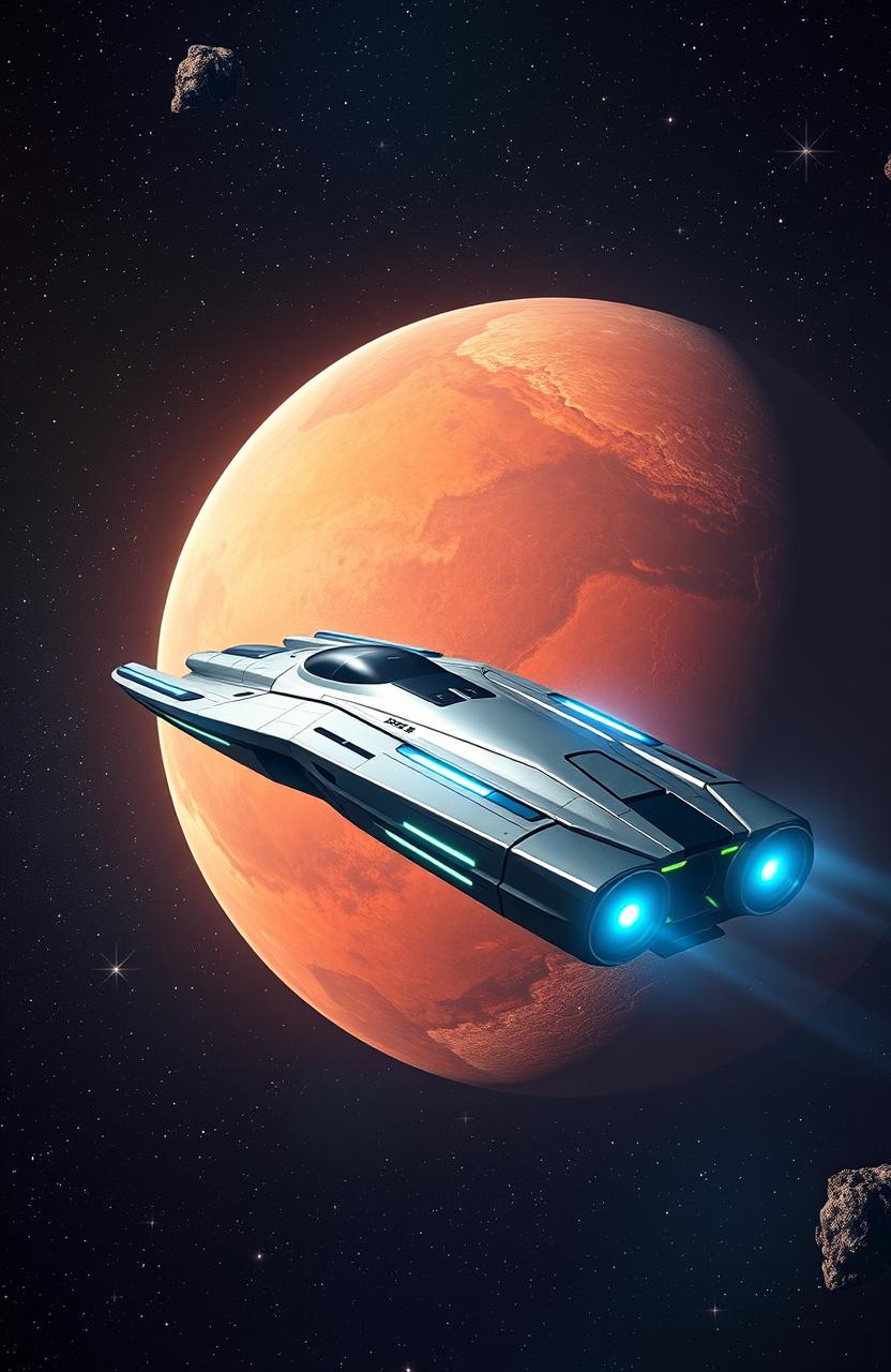 A sleek, futuristic spaceship soaring through the vastness of space towards Mars, with a vibrant starry backdrop