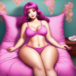 A digital art image portraying a petite female character with voluptuous curves, seated on a plush bed