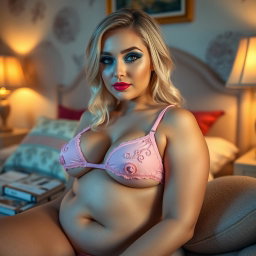 A sexy plump innocent blonde young woman relaxing in a tastefully decorated bedroom, wearing only tiny pink bikini underwear