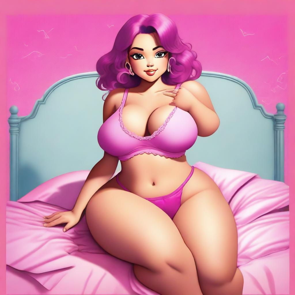 A digital art image portraying a petite female character with voluptuous curves, seated on a plush bed