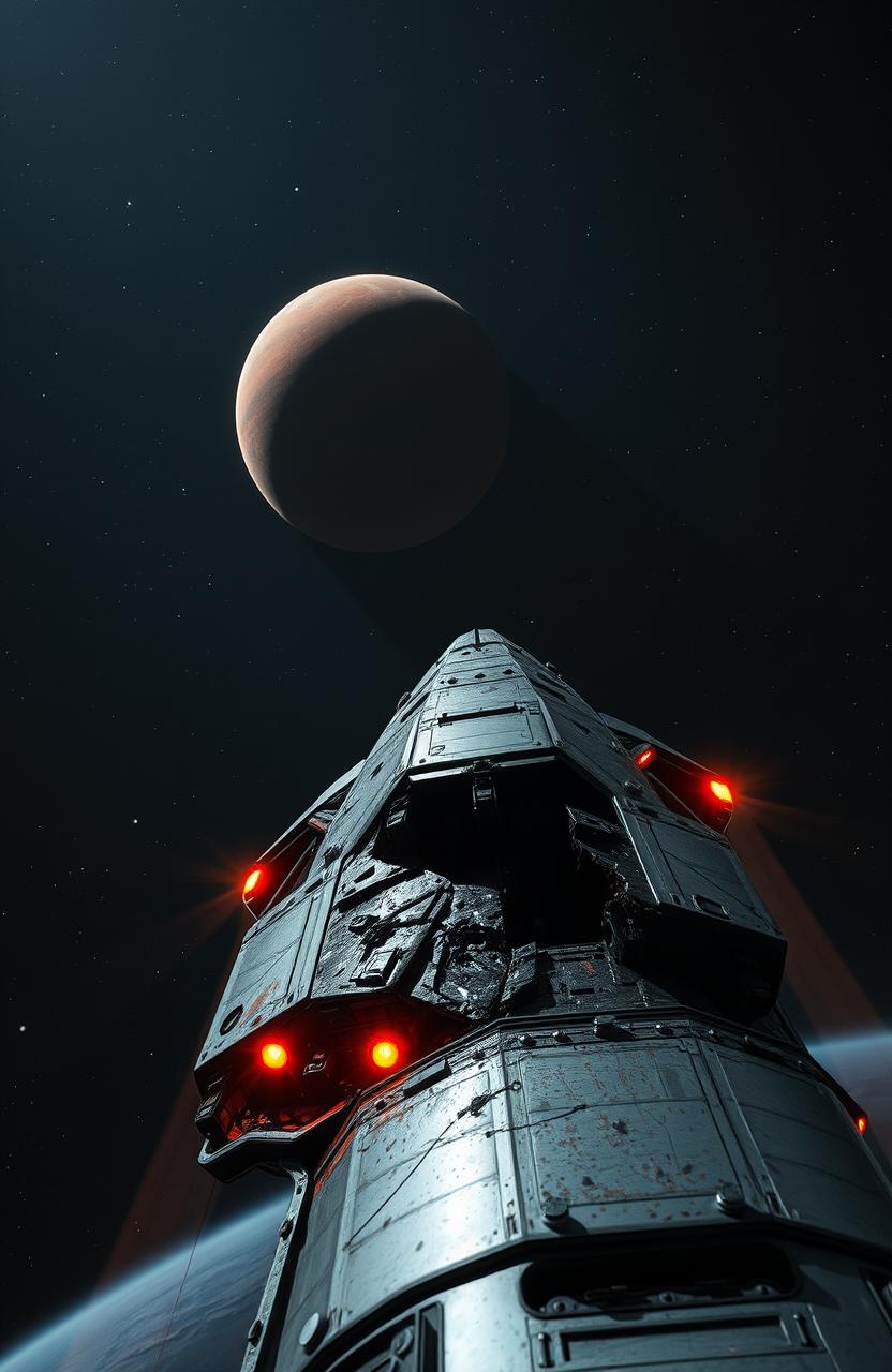 A damaged spaceship traveling through the vastness of space, making its way towards Mars