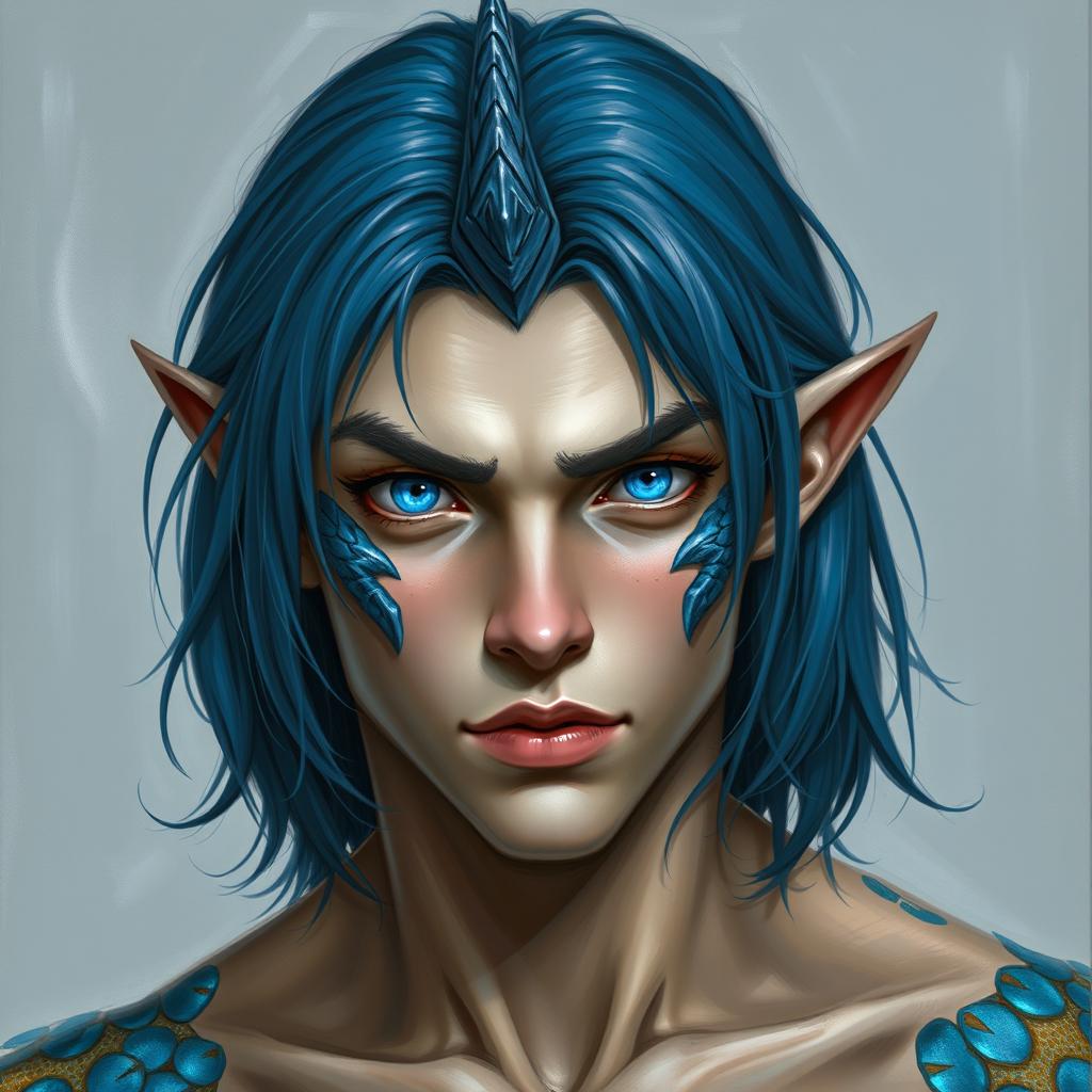 A fantasy style painting portrait of a young male human with Caucasian skin, featuring medium length blue hair