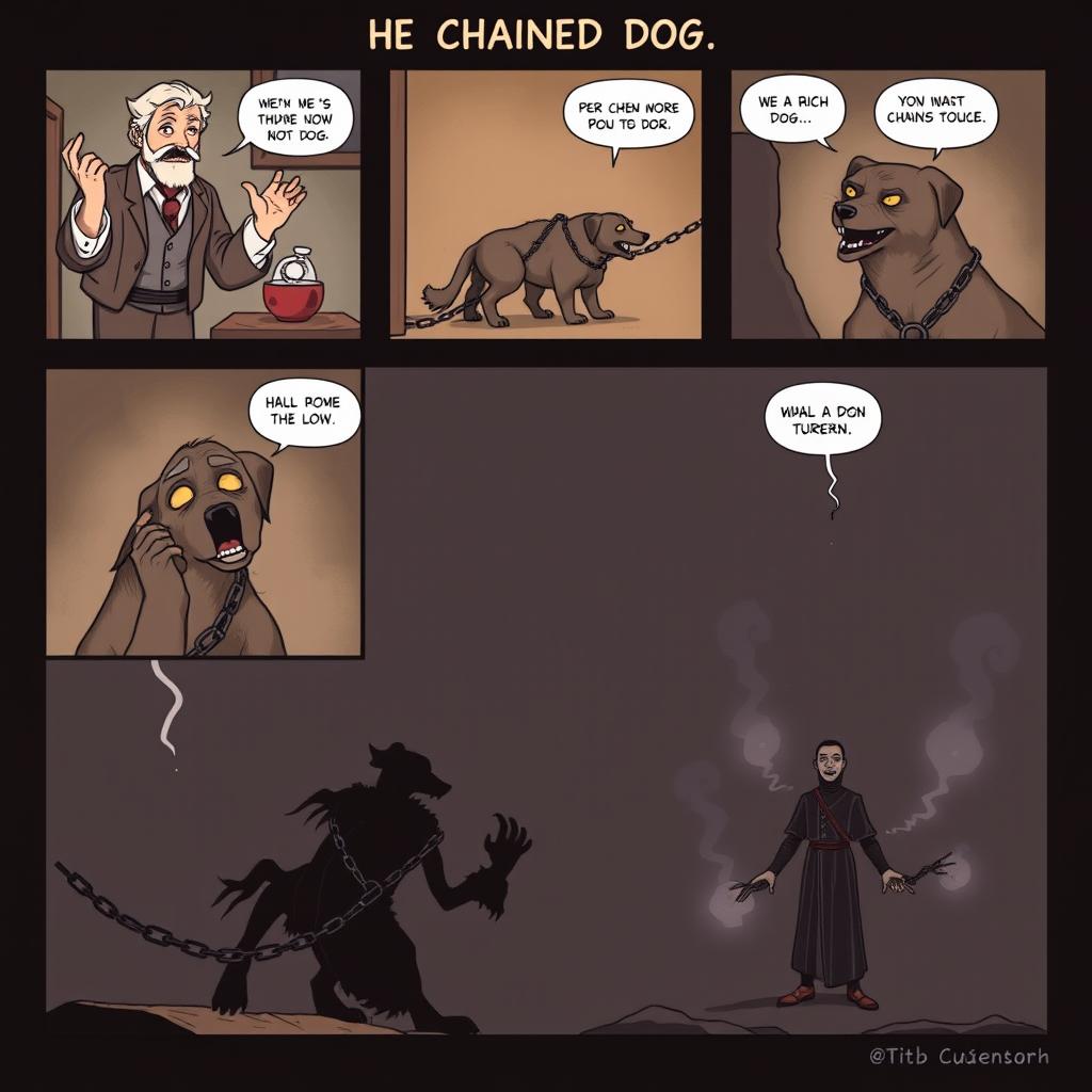 A comic titled "The Chained Dog" set in Cuenca, Ecuador, illustrating the tragic legend of a rich and cruel man who mistreats his dog
