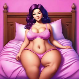 A digital art image portraying a petite female character with voluptuous curves, seated on a plush bed