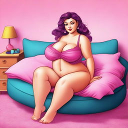 A digital art image portraying a petite female character with voluptuous curves, seated on a plush bed