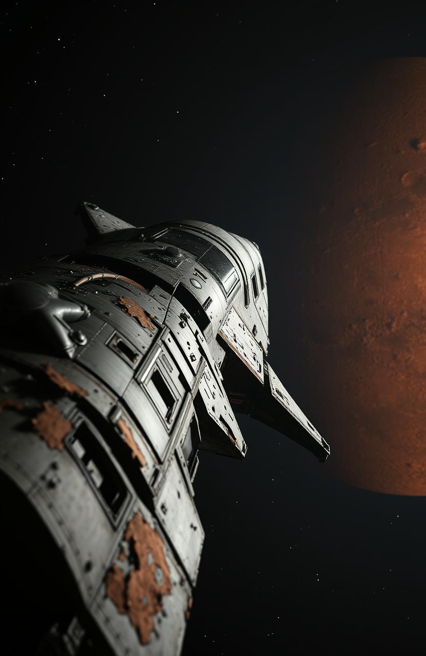 A damaged spaceship approaching Mars, showing visible signs of wear and tear, such as scorched metal and broken panels