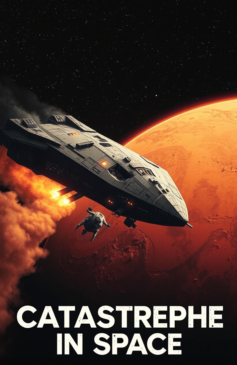 A damaged spaceship with visible scarring and smoke trailing behind, moving closely towards the surface of Mars, which is partially in the frame with its reddish terrain and dust storms