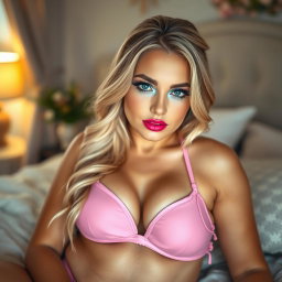 A sexy plump innocent blonde young woman lounging in a beautifully styled bedroom, clad in only tiny pink bikini underwear