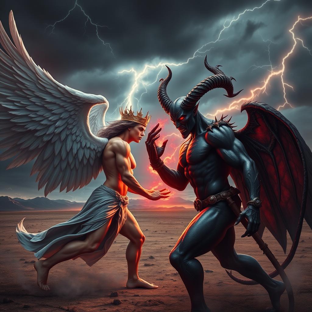 A dramatic and intense showdown between two powerful male figures representing Lucifer and Satan