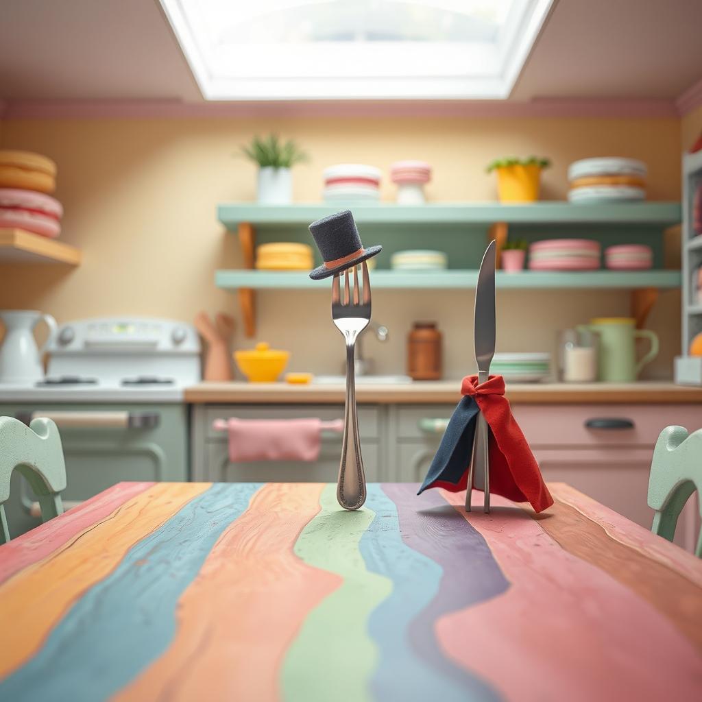 In a whimsical fairy tale kitchen filled with soft pastel colors inspired by macarons, a spoon adorned with a tall hat and a fork and knife dressed in capes stand proudly on a vibrant rainbow-colored dining table