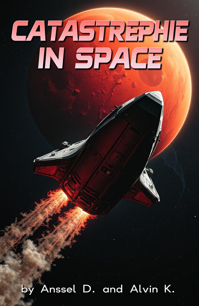 A damaged spaceship navigating through space, approaching the red planet Mars