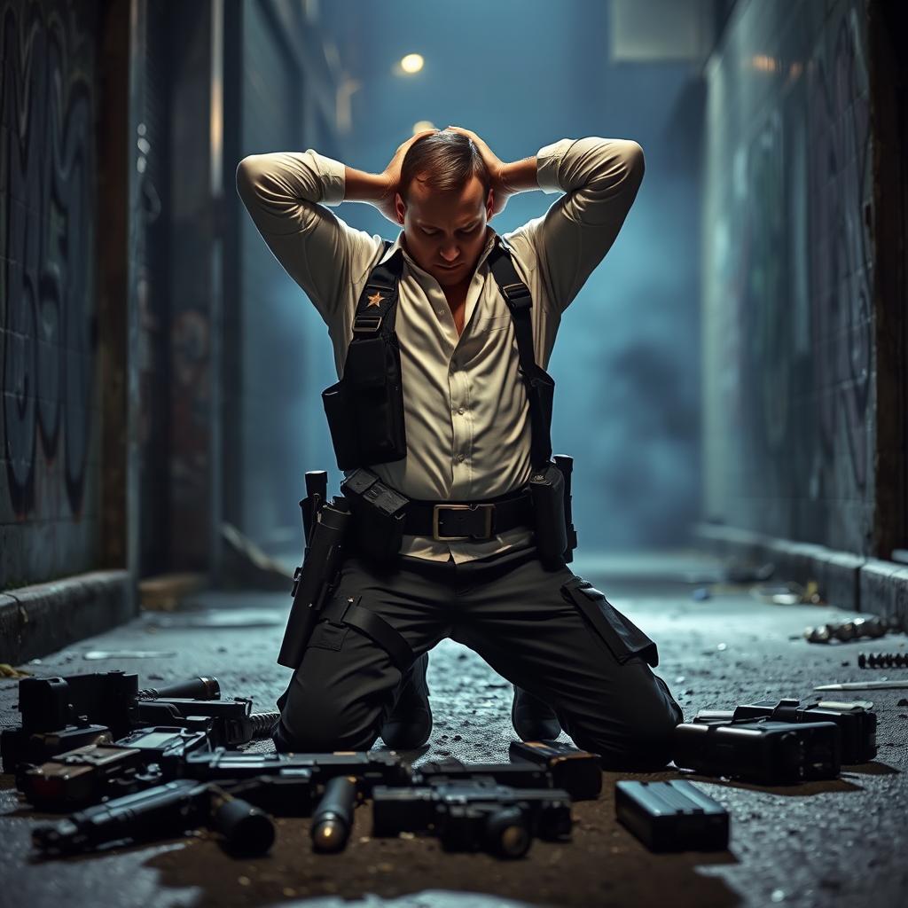 A dramatic scene featuring a policeman in full gear, kneeling with his hands behind his head, appearing to struggle while stripped of his police uniform