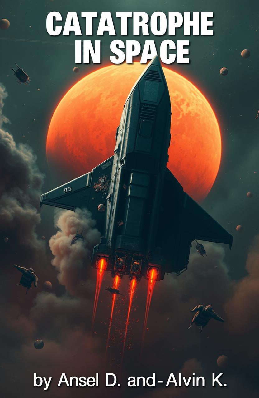 A dramatic scene depicting a damaged spaceship hurtling through space towards the red planet Mars