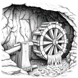 A detailed black and white drawing of a large wooden water wheel operating next to a small underground river