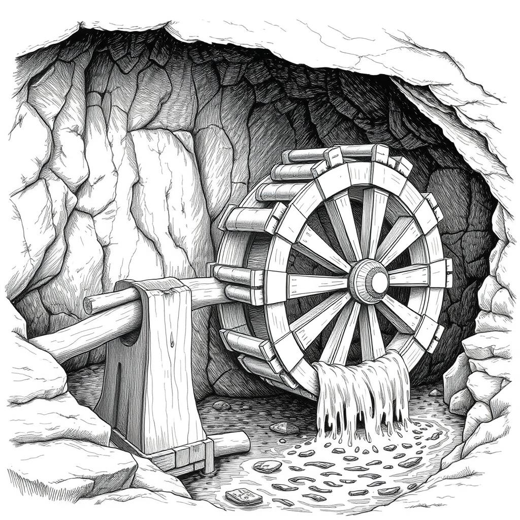 A detailed black and white drawing of a large wooden water wheel operating next to a small underground river
