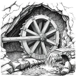 A detailed black and white drawing of a large wooden water wheel operating next to a small underground river